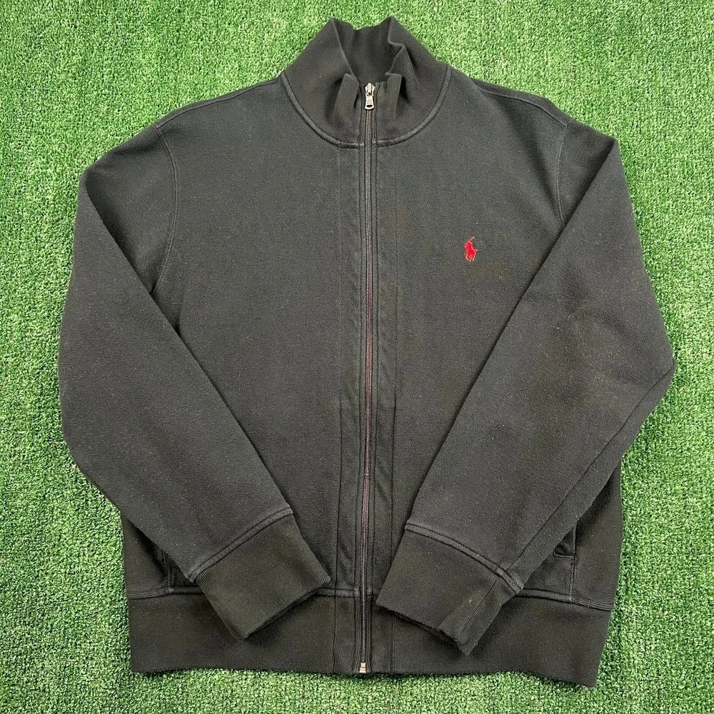VTG Polo Ralph Lauren Sweater Men's XL Black Full Zip Cotton Mock Neck Red Pony
